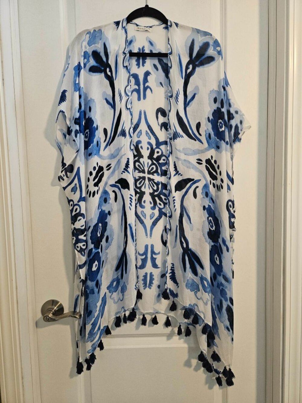 Moss Rose Blue White Abstract Kimono Cover Up Tassel Trim Sheer One Size